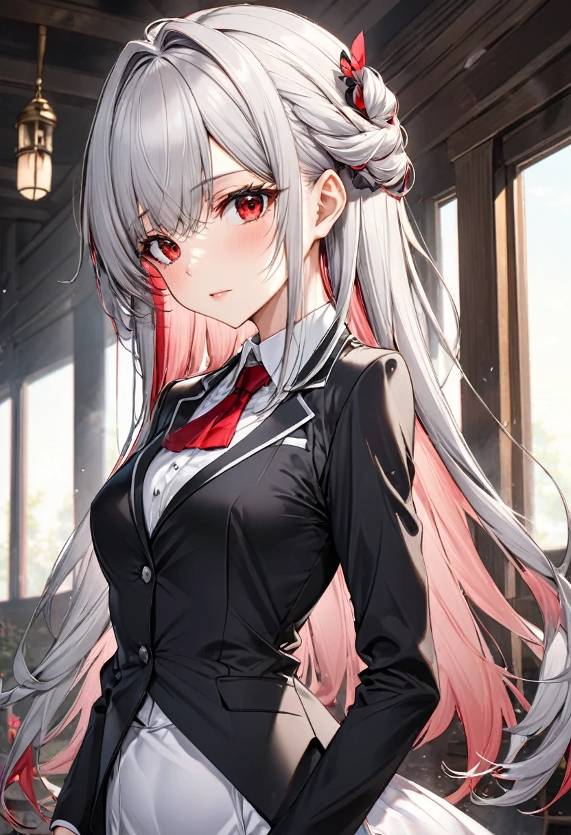 (beautiful body), (solo:2, 16 yo, hime cut silver hair hair long hair divine fighter girl, cool red eyes, serious make up face, medium tits), (in a butler suit), break, in the Testing site, BREAK, perfect ???????, masterpiece, best quality, 16k, beautiful detailed love, sexy, daydreaming expression.