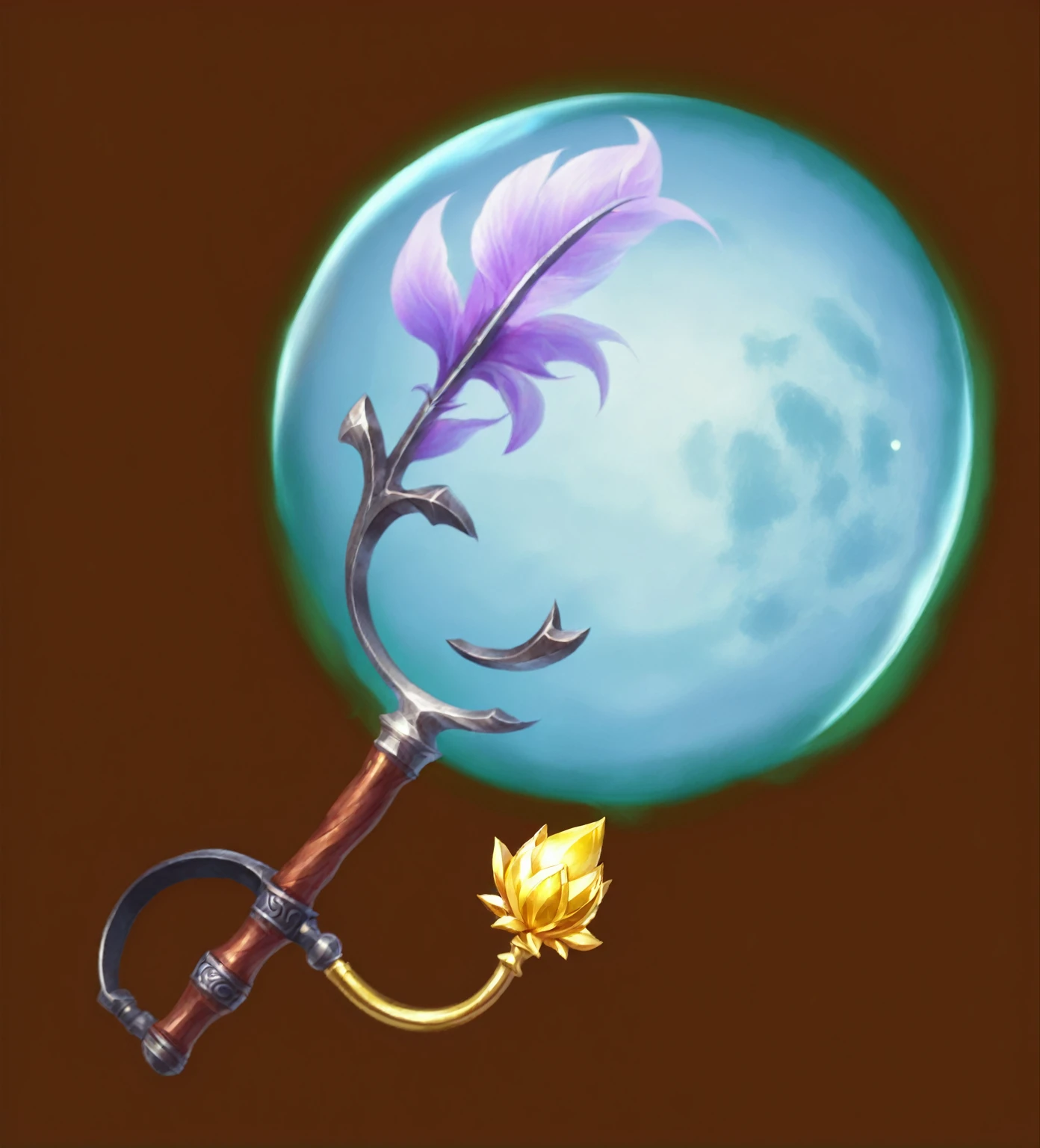 there is a 团扇 with a flower inside of it, Object Art, video game item, Magic Fishing Rod Weapon, league of legends Inventory items, silver monocle, magnifier, Magic glass container pictures, Magic Items, Fantasy game spell icons, Magic spell icon, moon, Role Playing Game Items, Inventory items, Magic Items, Role Playing Game Items