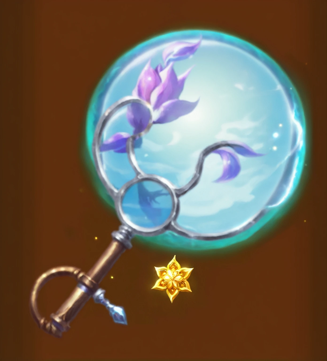 there is a 团扇 with a flower inside of it, Object Art, video game item, Magic Fishing Rod Weapon, league of legends Inventory items, silver monocle, magnifier, Magic glass container pictures, Magic Items, Fantasy game spell icons, Magic spell icon, moon, Role Playing Game Items, Inventory items, Magic Items, Role Playing Game Items