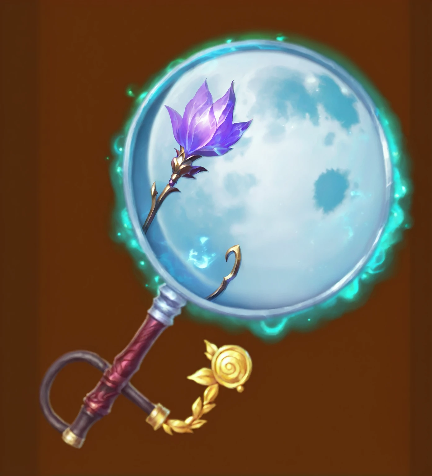 there is a 团扇 with a flower inside of it, Object Art, video game item, Magic Fishing Rod Weapon, league of legends Inventory items, silver monocle, magnifier, Magic glass container pictures, Magic Items, Fantasy game spell icons, Magic spell icon, moon, Role Playing Game Items, Inventory items, Magic Items, Role Playing Game Items