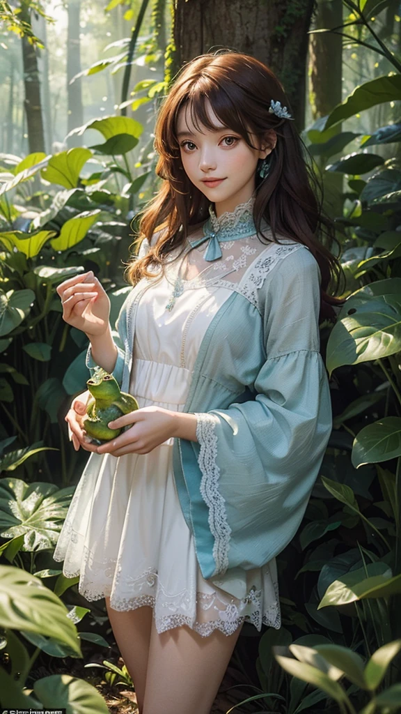 "A young girl stands in a magical forest, holding a unique frog in her hands. The girl, around 10 years old, has long, flowing auburn hair adorned with tiny flowers. She wears a simple, white dress with lace trim, which contrasts with the vibrant greens and earthy tones of the forest around her. Her eyes are wide with wonder and excitement as she gazes at the frog.
The frog itself is no ordinary amphibian. Its skin is an iridescent mix of deep blues and purples, with intricate golden patterns that shimmer in the dappled sunlight filtering through the trees. It has large, expressive eyes that seem to twinkle with intelligence and a slight, knowing smile on its face. The frog's legs are unusually long and elegant, almost giving it a regal appearance.
Around them, the forest is alive with magic. Soft, glowing orbs of light float through the air, casting a gentle luminescence on the scene. Exotic