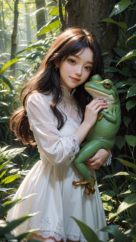 "A young girl stands in a magical forest, holding a unique frog in her hands. The girl, around 10 years old, has long, flowing auburn hair adorned with tiny flowers. She wears a simple, white dress with lace trim, which contrasts with the vibrant greens and earthy tones of the forest around her. Her eyes are wide with wonder and excitement as she gazes at the frog.
The frog itself is no ordinary amphibian. Its skin is an iridescent mix of deep blues and purples, with intricate golden patterns that shimmer in the dappled sunlight filtering through the trees. It has large, expressive eyes that seem to twinkle with intelligence and a slight, knowing smile on its face. The frog's legs are unusually long and elegant, almost giving it a regal appearance.
Around them, the forest is alive with magic. Soft, glowing orbs of light float through the air, casting a gentle luminescence on the scene. Exotic