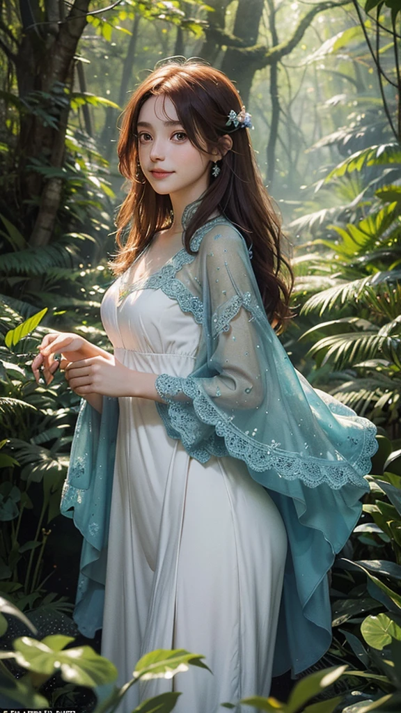 "A young girl stands in a magical forest, holding a unique frog in her hands. The girl, around 10 years old, has long, flowing auburn hair adorned with tiny flowers. She wears a simple, white dress with lace trim, which contrasts with the vibrant greens and earthy tones of the forest around her. Her eyes are wide with wonder and excitement as she gazes at the frog.
The frog itself is no ordinary amphibian. Its skin is an iridescent mix of deep blues and purples, with intricate golden patterns that shimmer in the dappled sunlight filtering through the trees. It has large, expressive eyes that seem to twinkle with intelligence and a slight, knowing smile on its face. The frog's legs are unusually long and elegant, almost giving it a regal appearance.
Around them, the forest is alive with magic. Soft, glowing orbs of light float through the air, casting a gentle luminescence on the scene. Exotic