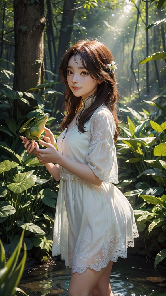 "A young girl stands in a magical forest, holding a unique frog in her hands. The girl, around , has long, flowing auburn hair adorned with tiny flowers. She wears a simple, white dress with lace trim, which contrasts with the vibrant greens and earthy tones of the forest around her. Her eyes are wide with wonder and excitement as she gazes at the frog.
The frog itself is no ordinary amphibian. Its skin is an iridescent mix of deep blues and purples, with intricate golden patterns that shimmer in the dappled sunlight filtering through the trees. It has large, expressive eyes that seem to twinkle with intelligence and a slight, knowing smile on its face. The frog's legs are unusually long and elegant, almost giving it a regal appearance.
Around them, the forest is alive with magic. Soft, glowing orbs of light float through the air, casting a gentle luminescence on the scene. Exotic