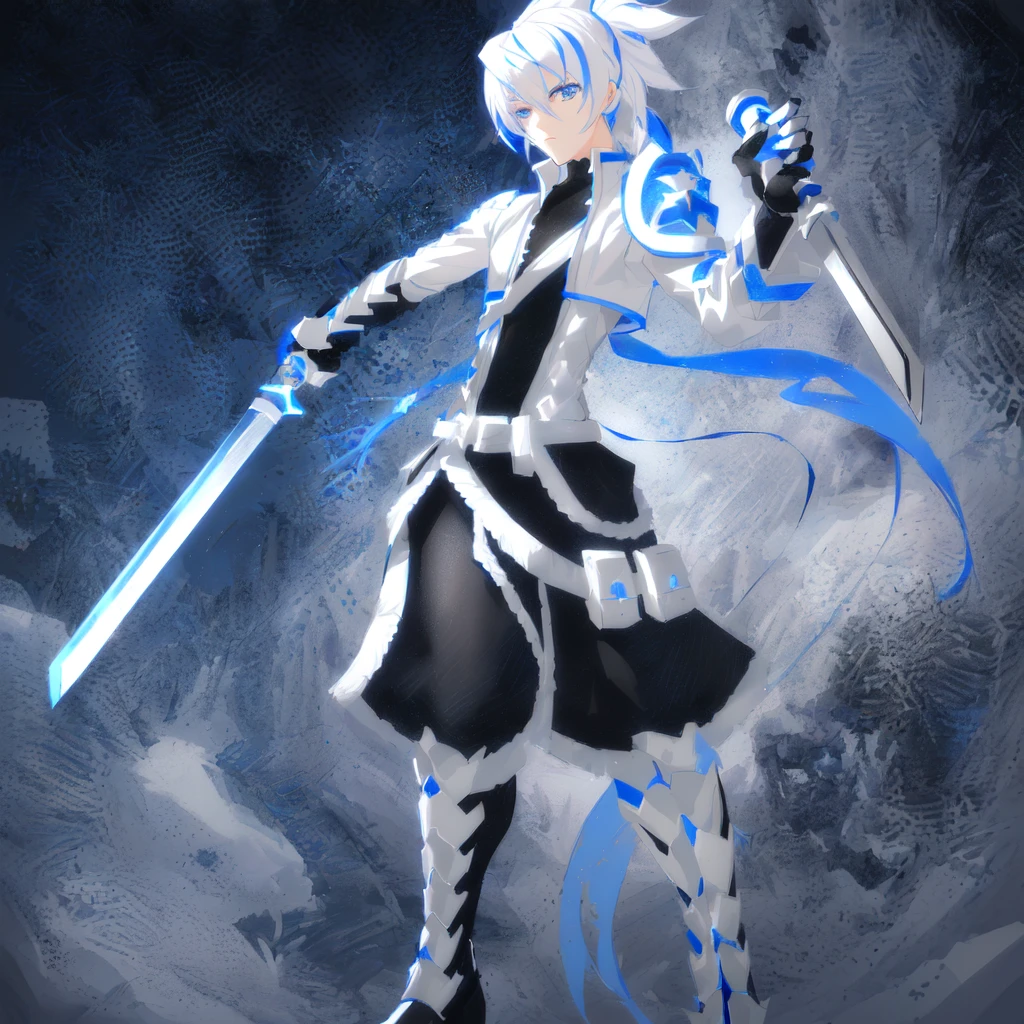 sketches of a drawing of a androgynous young boy with 2 swords, Kilua from hunter x hunter, an anime drawing, detailed fanart, hero 2d fanart artsation, ( ( character concept art ) ), anime drawing, game art!!, with out shading, anime shading), dramatic wielding sword pose, anime shading, white hair, glowing blue eyes, pale skin, black and blue clothing, metallic accents, full body, long ponytail