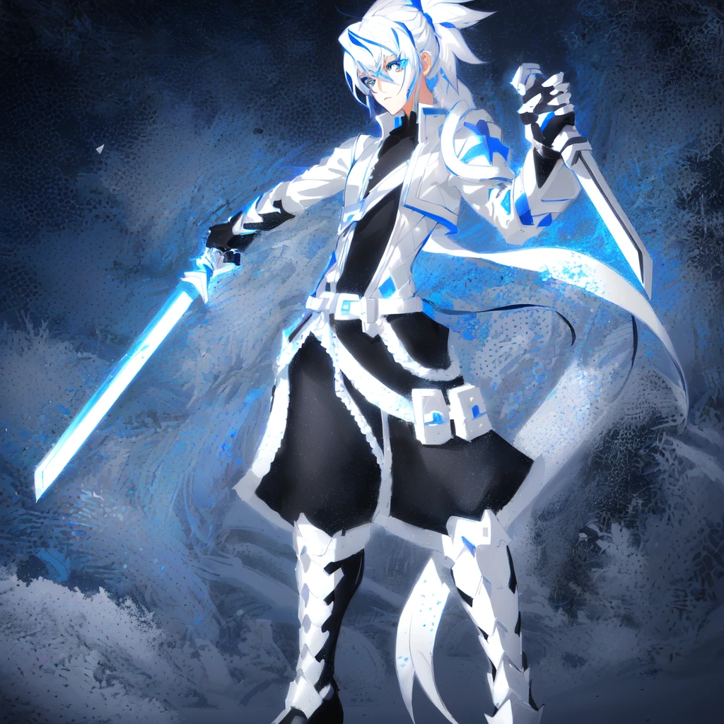 sketches of a drawing of a androgynous young boy with 2 swords, Kilua from hunter x hunter, an anime drawing, detailed fanart, hero 2d fanart artsation, ( ( character concept art ) ), anime drawing, game art!!, with out shading, anime shading), dramatic wielding sword pose, anime shading, white hair, glowing blue eyes, pale skin, black and blue clothing, metallic accents, full body, long ponytail