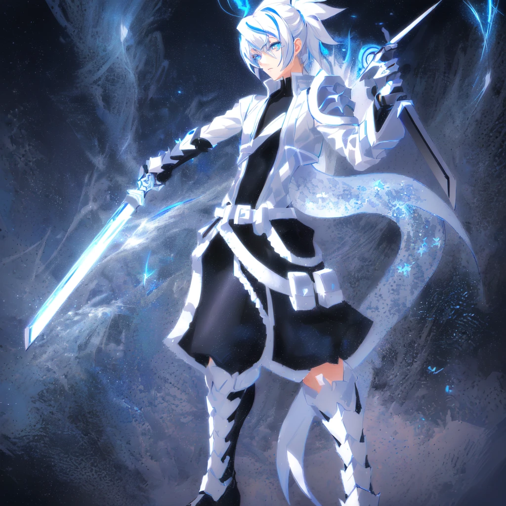 sketches of a drawing of a androgynous young boy with 2 swords, Kilua from hunter x hunter, an anime drawing, detailed fanart, hero 2d fanart artsation, ( ( character concept art ) ), anime drawing, game art!!, with out shading, anime shading), dramatic wielding sword pose, anime shading, white hair, glowing blue eyes, pale skin, black and blue clothing, metallic accents, full body, long ponytail