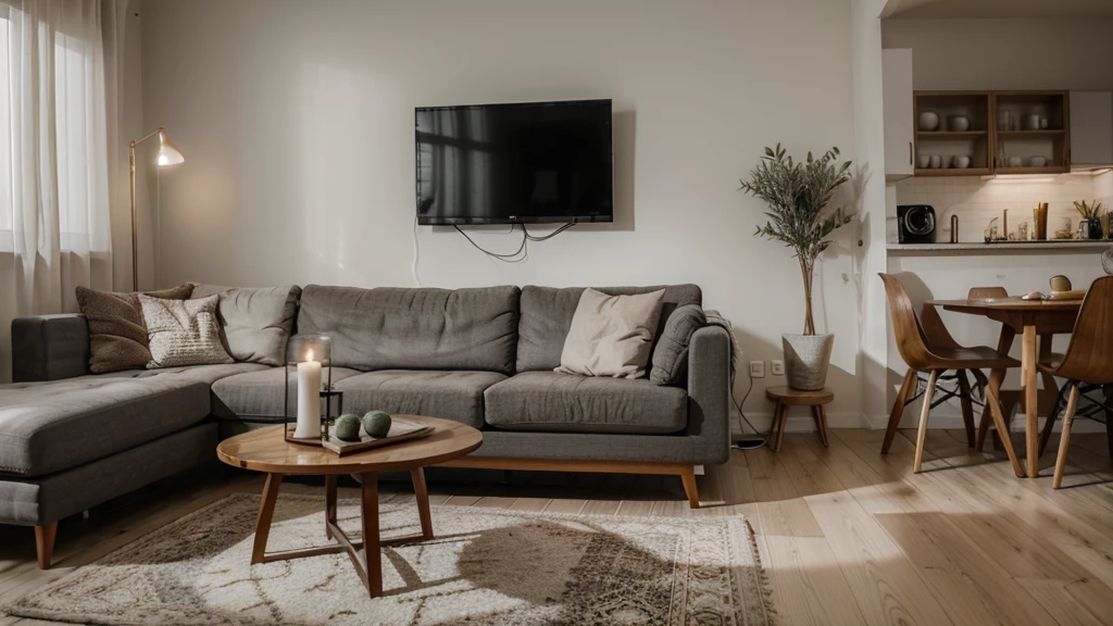 Modern interior of the living room in a cozy apartment. Simple cozy living room interior with light gray sofa, decorative pillows, wooden table with candles and natural decorations with selective focus