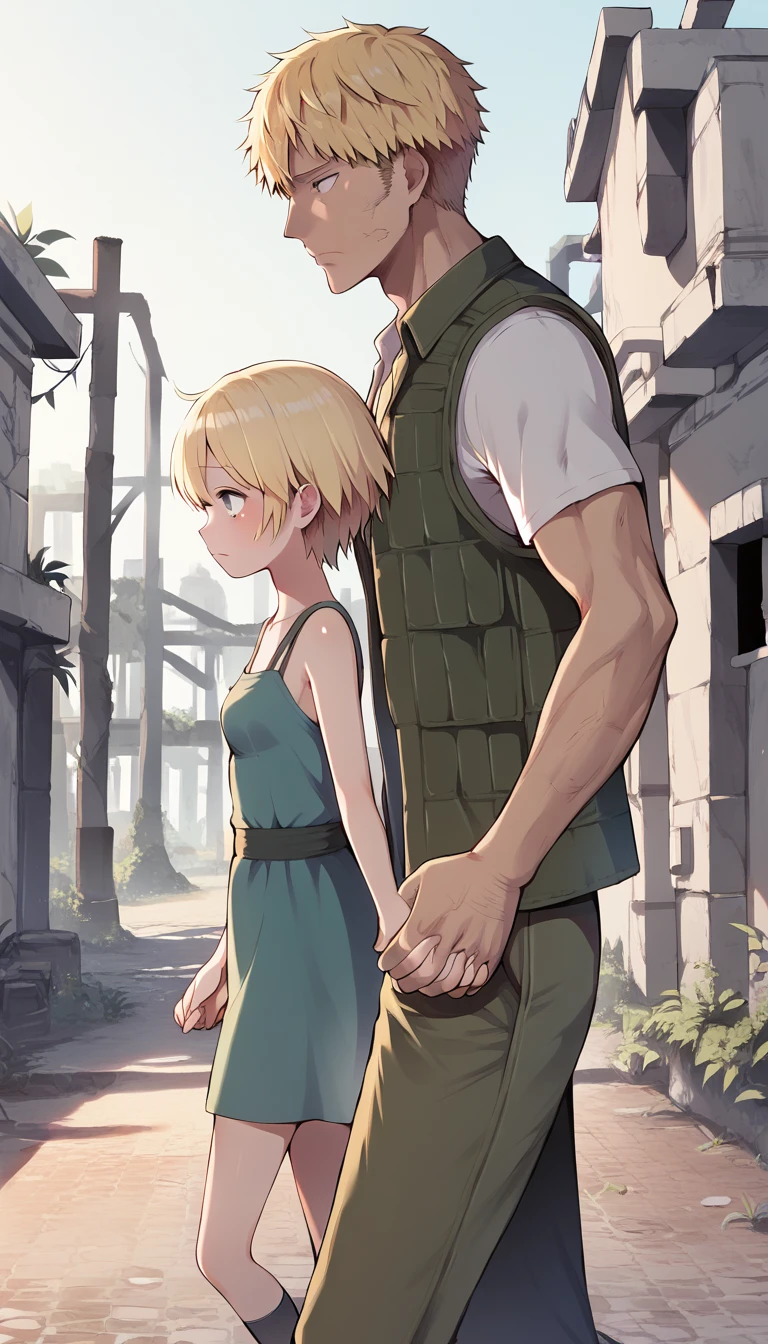 score_9, score_8_up, score_7_up, source_anime BREAK 
1girl, 14yo, _young, from side, small breasts, (girl dirty casual dress, holding hand in another's hand, blonde short hair, grey eyes, sad face), (town ruins:1.5), outdoors, walking, ((size difference:1.5)), male face out of frame, (male cargo vest, pants)