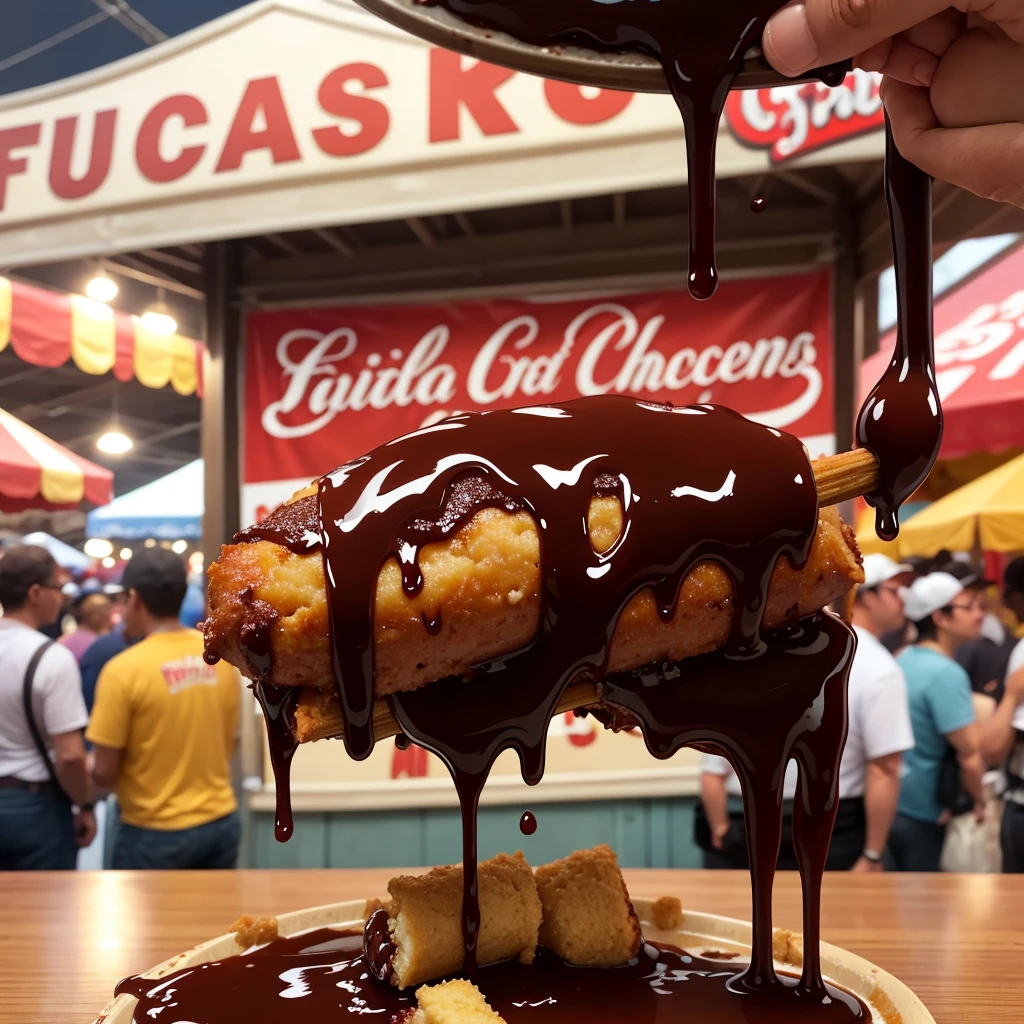 fried snickers dipped in chocolate sauce, title shot, food fotography, state fair atmosphere