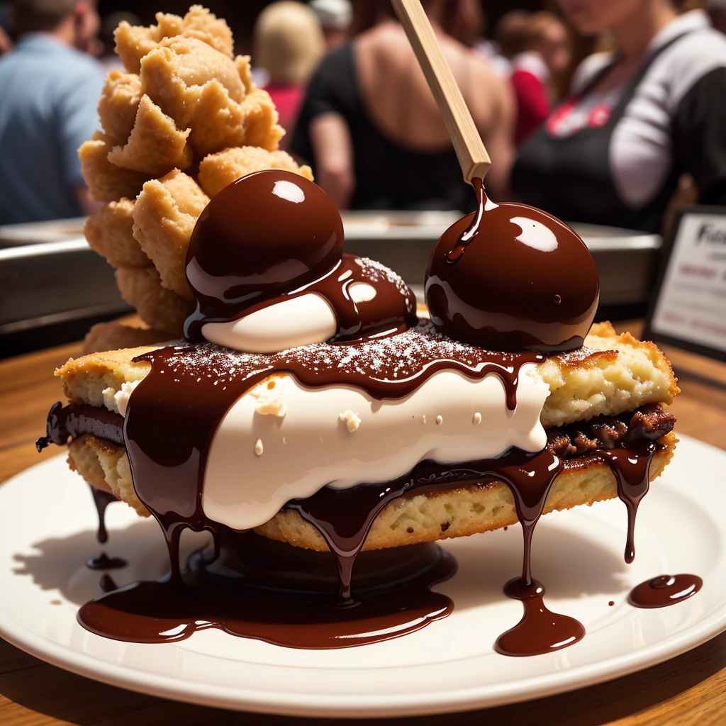 fried snickers dipped in chocolate sauce, title shot, food fotography, state fair atmosphere