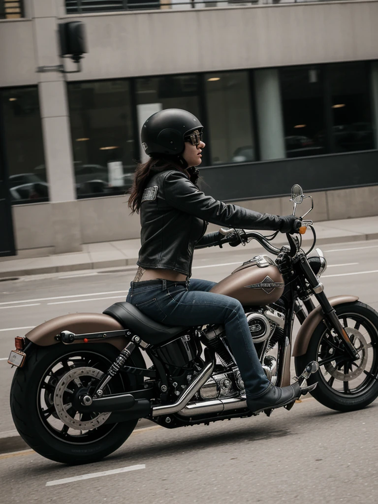 a photo of a woman riding a harley motorcycle in an urban street captured mid motion, the shot is wide and long