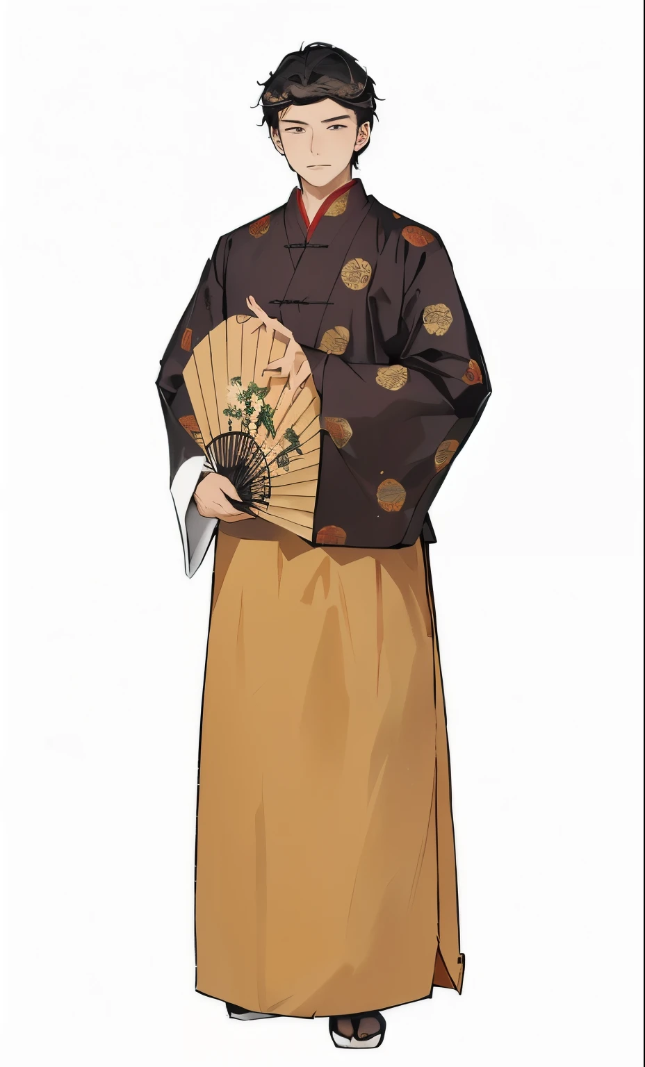 一位身穿中国Traditional clothing、Cartoon of a man holding a fan, Wear a hakama, 穿着Chinese Clothing, Hakama Japanese clothing, Inspired by Watanabe Shotasu, Traditional Clothing, Wearing long, flowing clothes, cheongsam, Chinese Clothing, Traditional clothing, Traditionally tailored suits, Dressed in ancient warrior, Wearing Chinese clothes