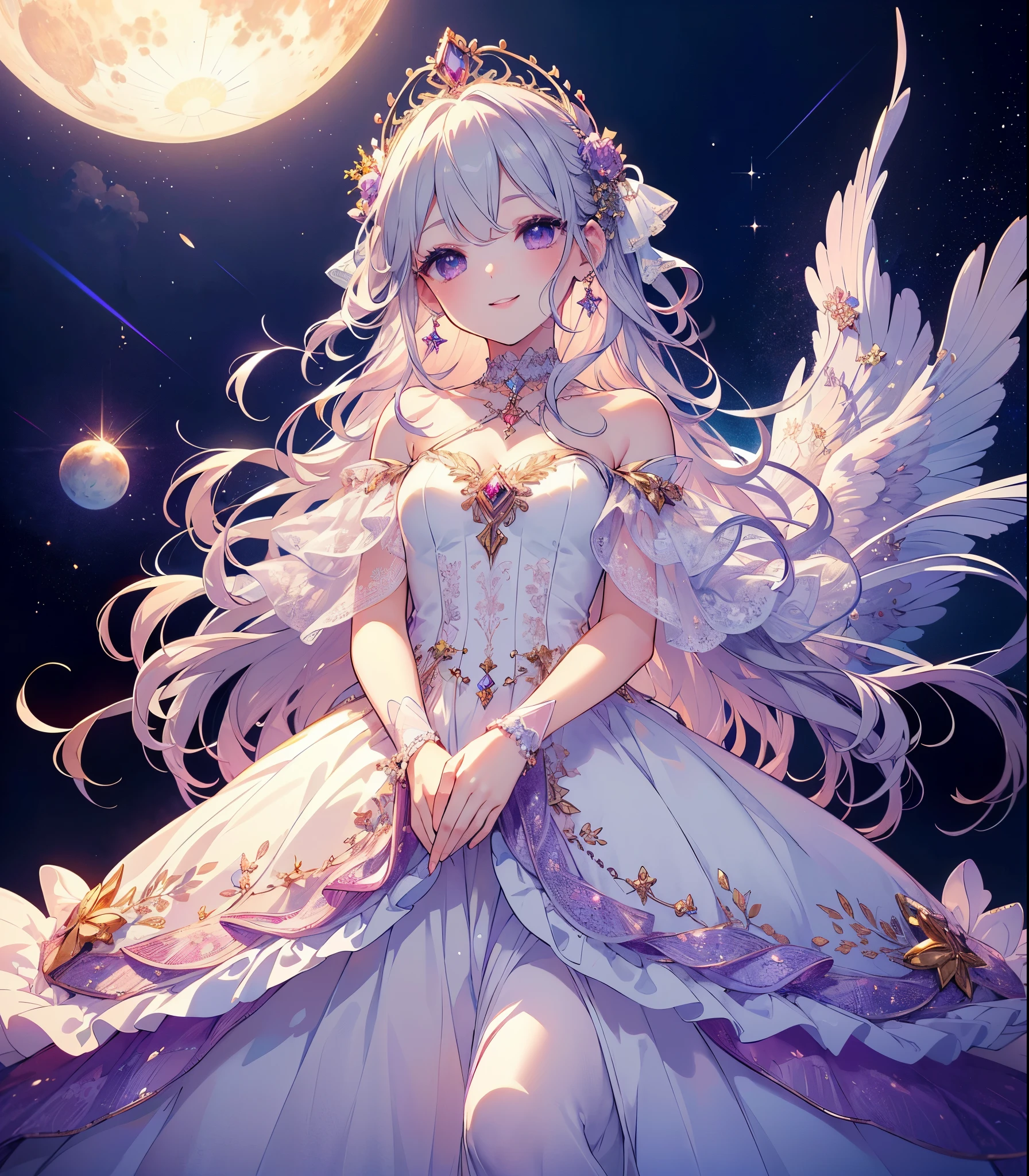 (Highest quality, masterpiece, Very detailedな, Very detailed, Exquisite, 16K,Full HD),A little closer,Golden Ratio,Dramatic lighting,pastel colour,Soft lighting, ((alone:1.5)),full moon,Starry Sky,meteor群,meteor,((head shot,Photo from the shoulders up)),(princess, Purple eyes, Long eyelashes,White skin,slim,pale pink plump lips,Pale pink cheeks, The wind is blowing,White fluffy hair,thin and long,(thin and high nose,Small Nose,Silver decoration,Diamond Tiara,Diamond Earrings,Diamond Earrings,Diamond Choker,(silver ball gown dress:1.1), Silver lace and frills,(smile:1.2), (Fantasy, Romantic atmosphere), Magic Light,ice magic,