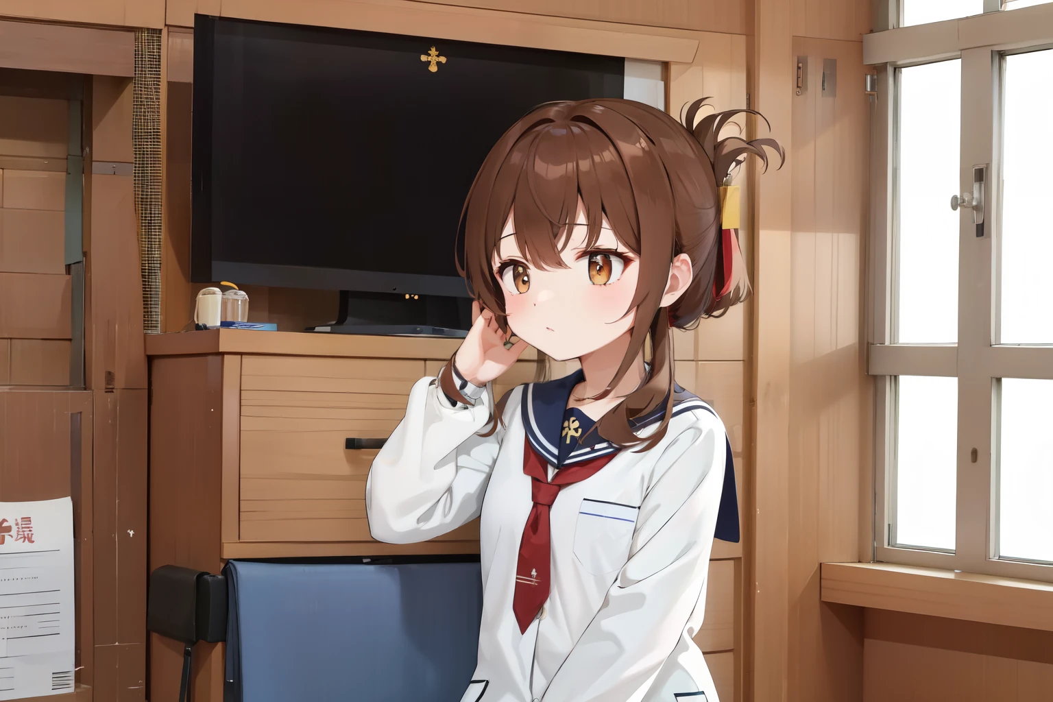 A female student in a sailor uniform is watching a physical education class in the gymnasium because she is feeling unwell,(masterpiece, best quality:1.2),illustration,8K,HD,1girl,独奏,upper body,(portrait:1.2),brown_hair,folded_ponytail,brown_eyes,serafuku,long_hair,school_uniform,skirt,pleated_skirt,