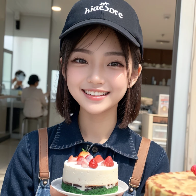 ((Highest quality)), ((masterpiece)), (detailed), One person(Highest quality, 8K, 32k, masterpiece, Ultra-high resolution:1.2),Beautiful Japanese Women Photos、Group of 2、healthy、Glowing Skin, Shallow depth of field、Contrasting、Professional Model、looking forward to it、Overbyte、mouth half open、blush:2.5、Random hairstyles for short hair、Black Hair、Face close-up、Portraiture、Teeth are visible、Big Mouth、Droopy eyes、Round face、Multiple moles、Fair skin、Active 24 year old、Brown eyes、Big smile、Cake shop、Wear a uniform、Wear a work hat、Overall view、I can see the cake