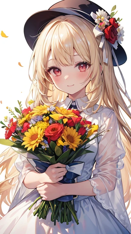 a young woman with bright blonde hair standing next to a bunch of flowers and wearing a hat, 1 Girl, flower, alone, Red eyes, smile, flower bunch, Looking at the audience, white background, colorful flower, bow, blush, background, Holding, Upper Body, close、 head shot, bangs, Holding flower bunch,Silver long hair