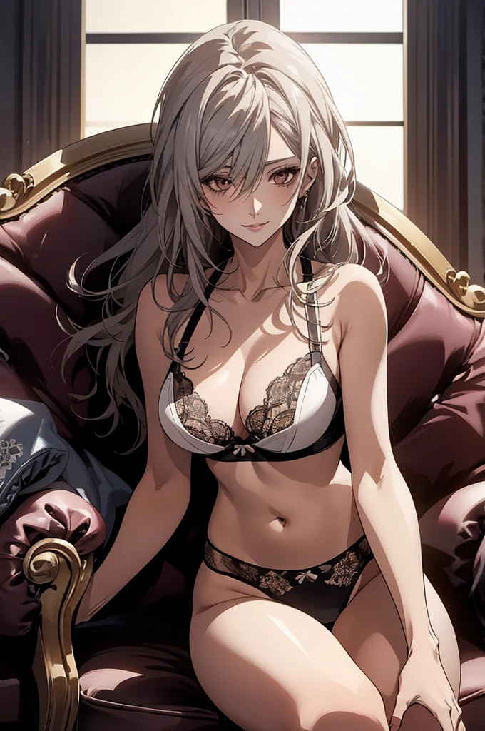 (Highest quality, High resolution, Very detailed), 1 female, Silver Hair, Long Hair, Reddish brown eyes, lace thong bra, Large Breasts, Beautiful slim legs, secretary, 24th generation, Beautiful woman, mature, quiet, Calm, A small smile, sofa,