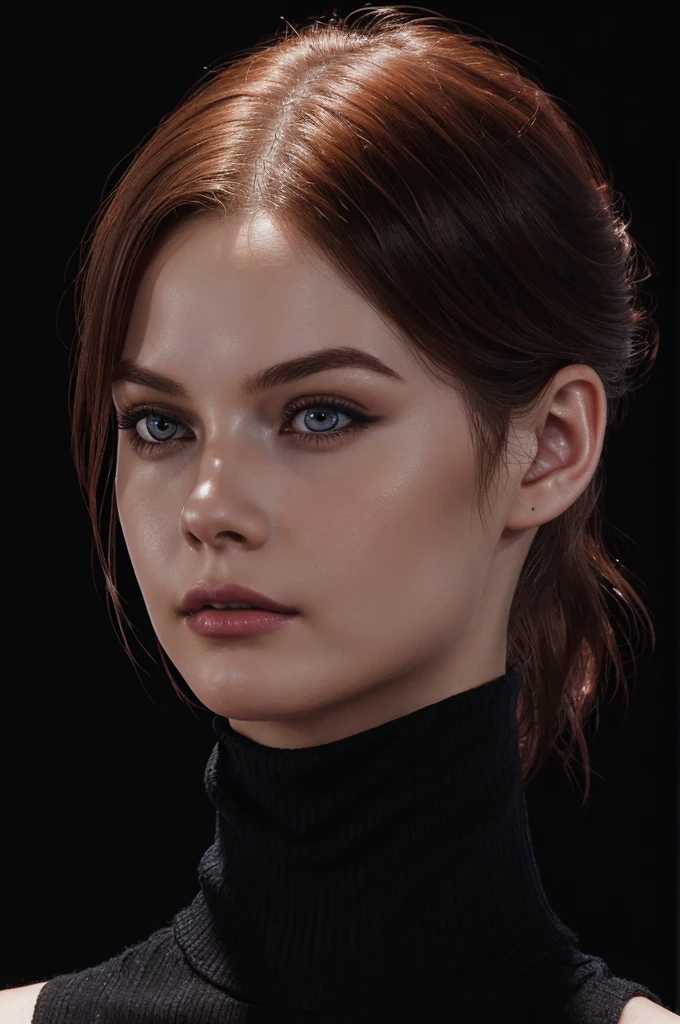 woman with medium-short-hair,Auburn-red-hair, hairy short hairstyle, pale, wearing black turtleneck. eyeliner,portrait, beautiful woman, beautiful female ,beautiful ,eyeliner , elegant, digital painting, smooth, dramatic lighting, ultra realistic, 8k, art , blur backgrond, black background ,black background,black wallpaper,wearing black turtleneck.