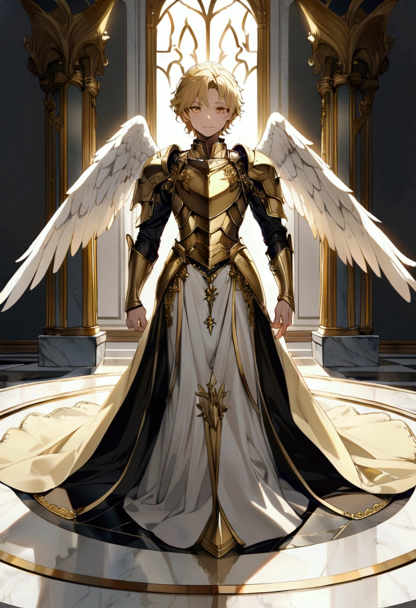 Archangel Michael、male,Little, Blonde, Golden Eyes, White low leg with angel wings,(Dress in Armor), (Standing on a marble pedestal), A light smile, Point your finger down,Point your finger down at the person on the ground