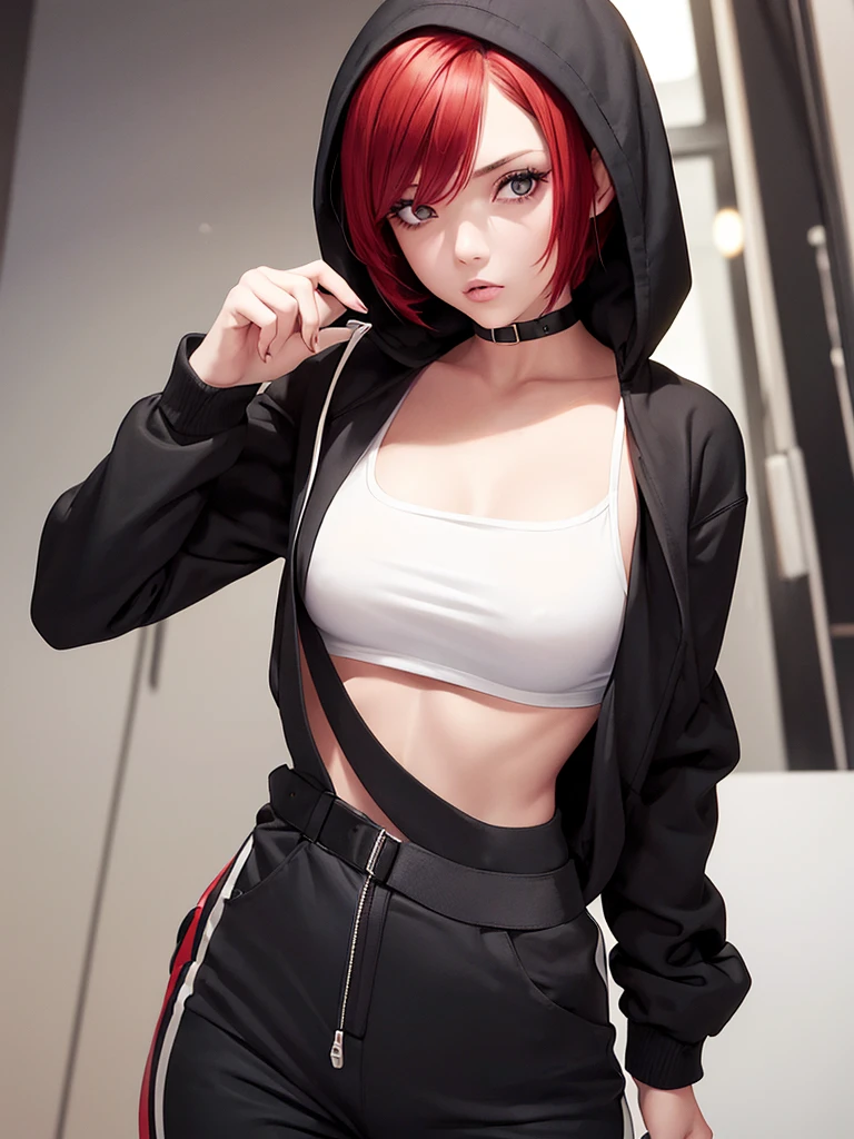 A girl with short red Bob style hair, white skin, light brown eyes, black gloves, black hoodie on head, black pants with straps, looking at the mobile phone in her hands, tiene un movil en las manos, mirada y cabeza giradas hacia el telefono