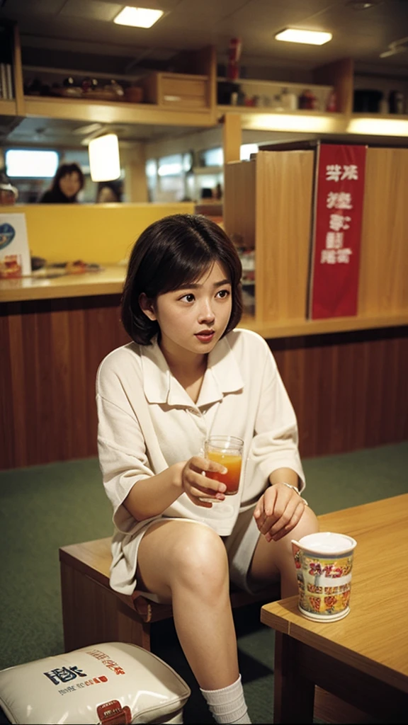 bar,the 90s,Blurred foreground,A female college student from Hong Kong is sitting in the middle,Lens shooting,Dynamic composition photography,Wong Kar-wai style