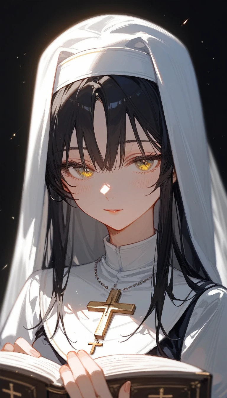 (Fraction_9,Fraction_8_Direction_7_up), ((1 woman))(Close shot),Priest,nun,White holy light,Wedding dress,Book in hand,cross,Close your eyes and pray,Black, white and yellow,