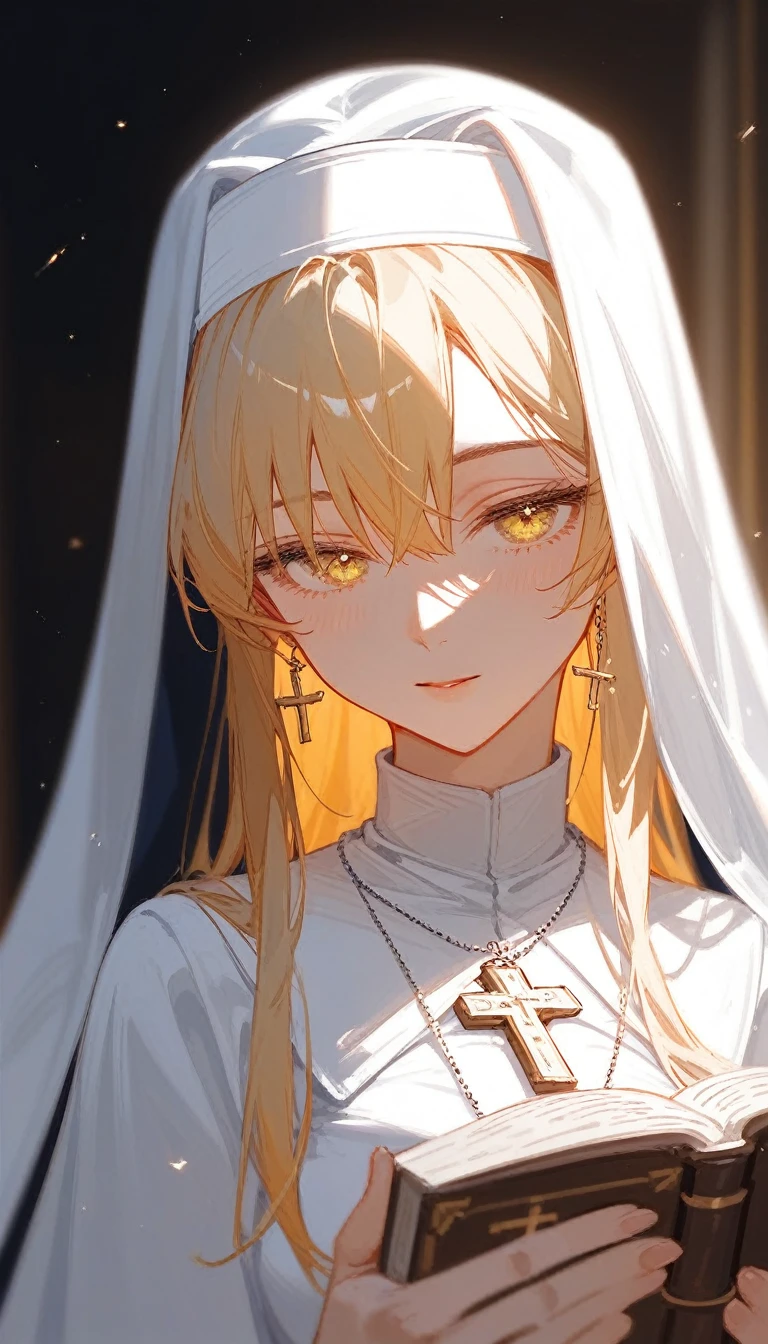 (Fraction_9,Fraction_8_Direction_7_up), （（1 woman））（Close shot），Priest，nun，White holy light，Wedding dress，Book in hand，cross，Close your eyes and pray，Black, white and yellow，