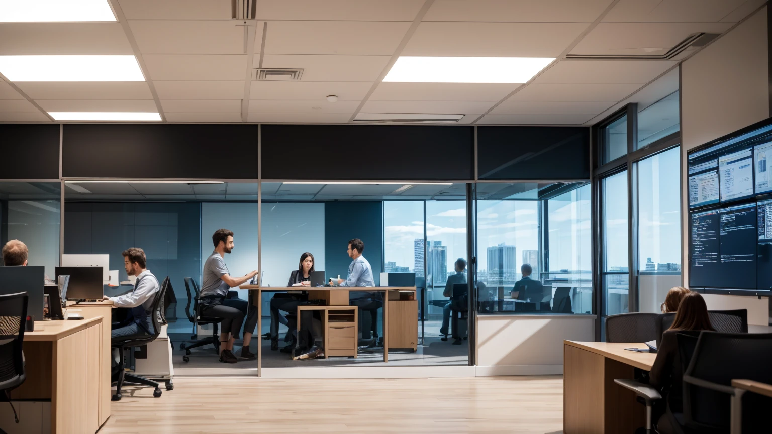 materpiece, high wuality imge , people walking, people, working in the background, sitting in front of a comuter, programing, office, wide shot, 8k realistic