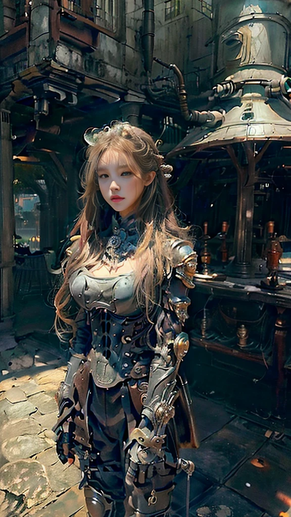 ((best quality)), ((masterpiece)), (detailed), 1 girl, whole body,Standing,Girl,Long blond hair,Green Eyes,Wearing grey steampunk armor,Holding a long sword,Background is the ruins of the city。