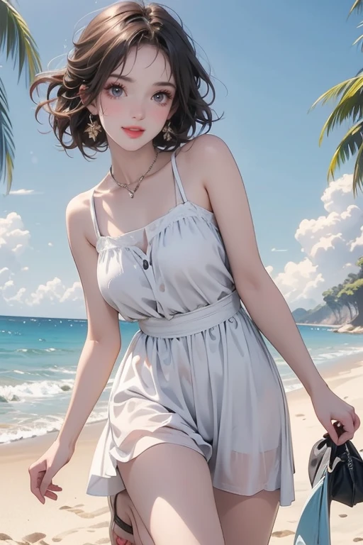 (Highest quality、masterpiece、High resolution、8K)、Vibrant colors、Young and beautiful woman 1、whole body、(Detailed face、Beautiful Eyes、Beautiful nose、Pretty lips)、Black and brown short bob、White tank top and shorts、barefoot、Jump High、Ride along the sandy beach、Surprised Smile、Official Art、The background is the sea、blue sky、Wide sandy beach、Wide forest、White waves and sandy beach、White Entrance Cloud、
