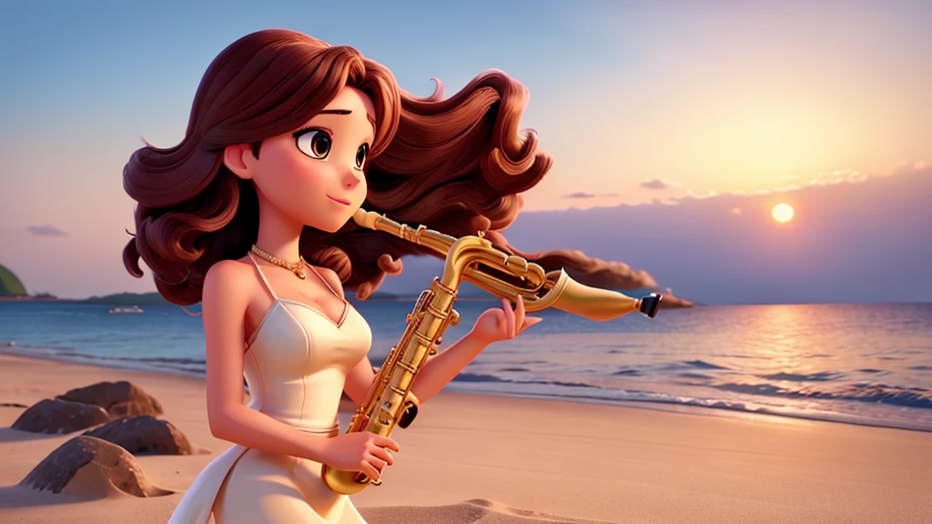 A super-realistic animation of a beautiful and elegant woman playing the saxophone on a beautiful beach at sunset.