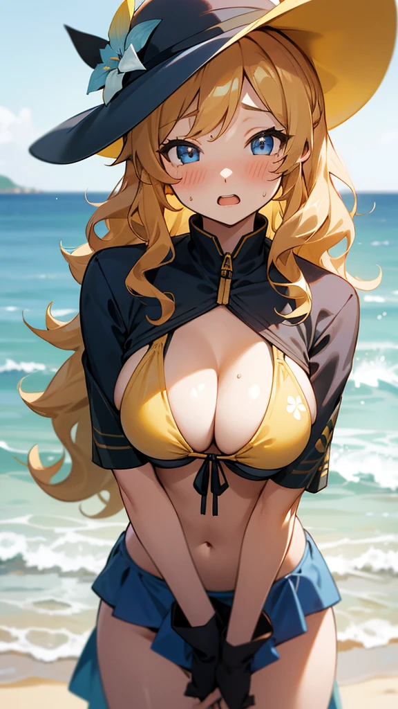 1 woman (navia) ,(genshinimpact ),blonde,(wavy hair curl),  blue eyes ,shy ,blush ,open mouth, looking at viewer, bikini (yellow) ,[ hat (black) ,flower on hat (yellow ,golden)], beach ,morning, big breasts, 