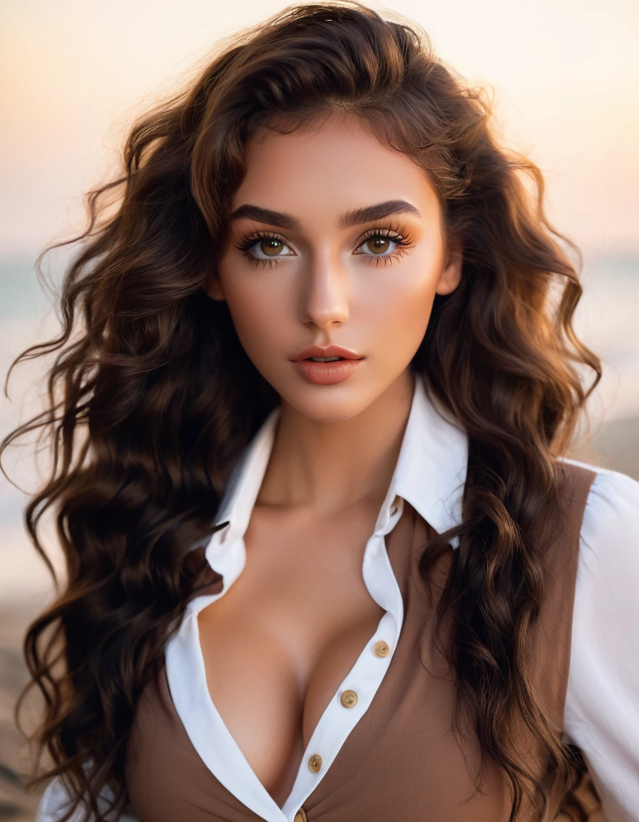 (best quality,4k,highres, highres face details), brown long curly hair, wearing a white buttoned up shirt,18 years old, instagram model, 36DD natural breast, fake lashes, fake lips, dark makeup, perfect skin, tan skin, she is skinny, she is caucasian, golden hour, huge natural breast 36DD, posing, sexy, sensual vibes, whole body image, from head to toes