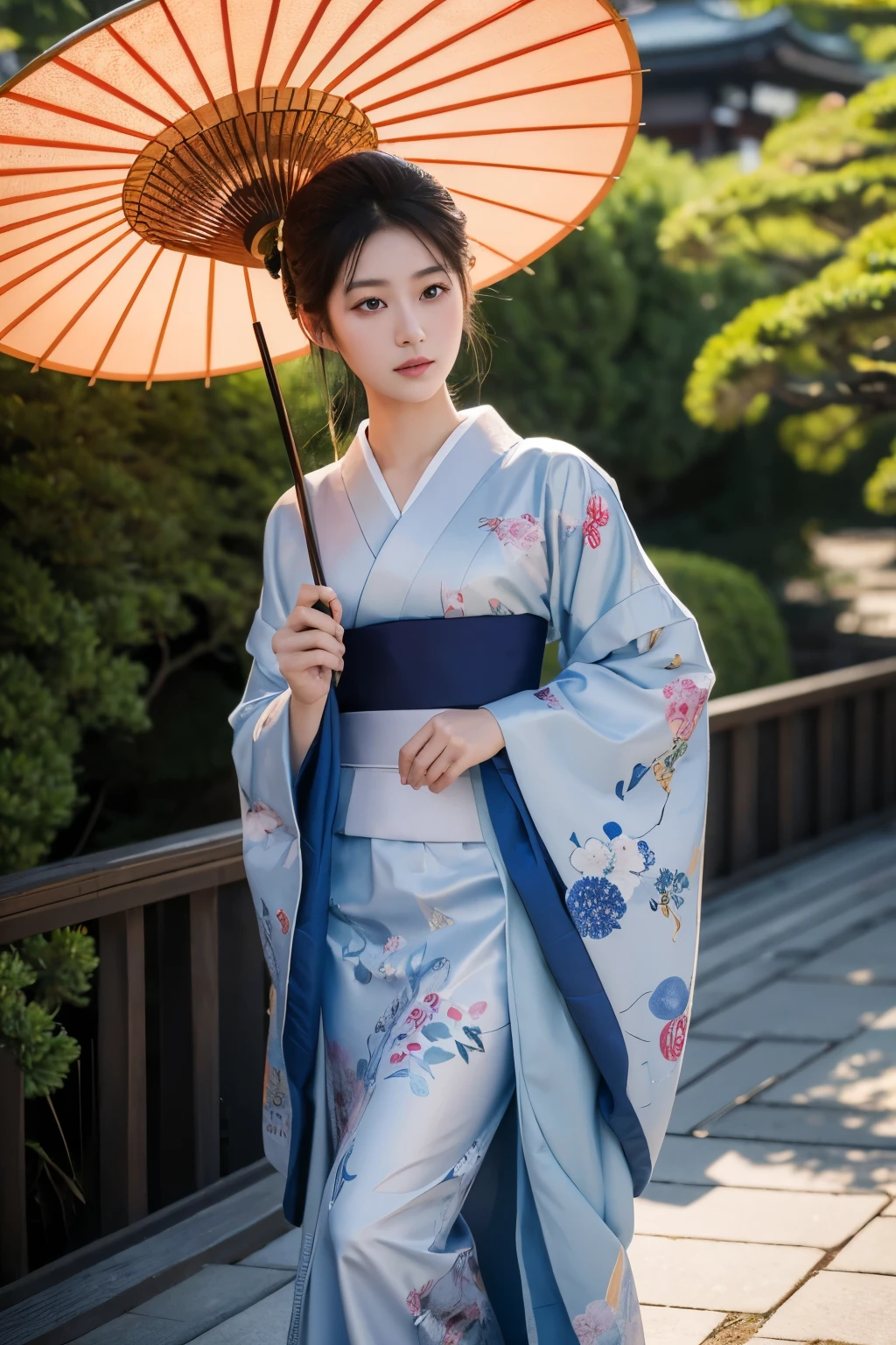 masterpiece, A hyper-realistic masterpiece featuring a beautiful, elegant woman wearing traditional Japanese clothing. Hyperdetailed face, She holds a colorful umbrella and walks into a palace. The scene is inspired by ancient Japanese beauties and princesses, with a harmonious blend of traditional Japanese art. The image is of the highest quality, ultra-high definition (UHD), and captures the essence of Japan’s Emperor’s dynasty, UHD, best resolution, 28K.