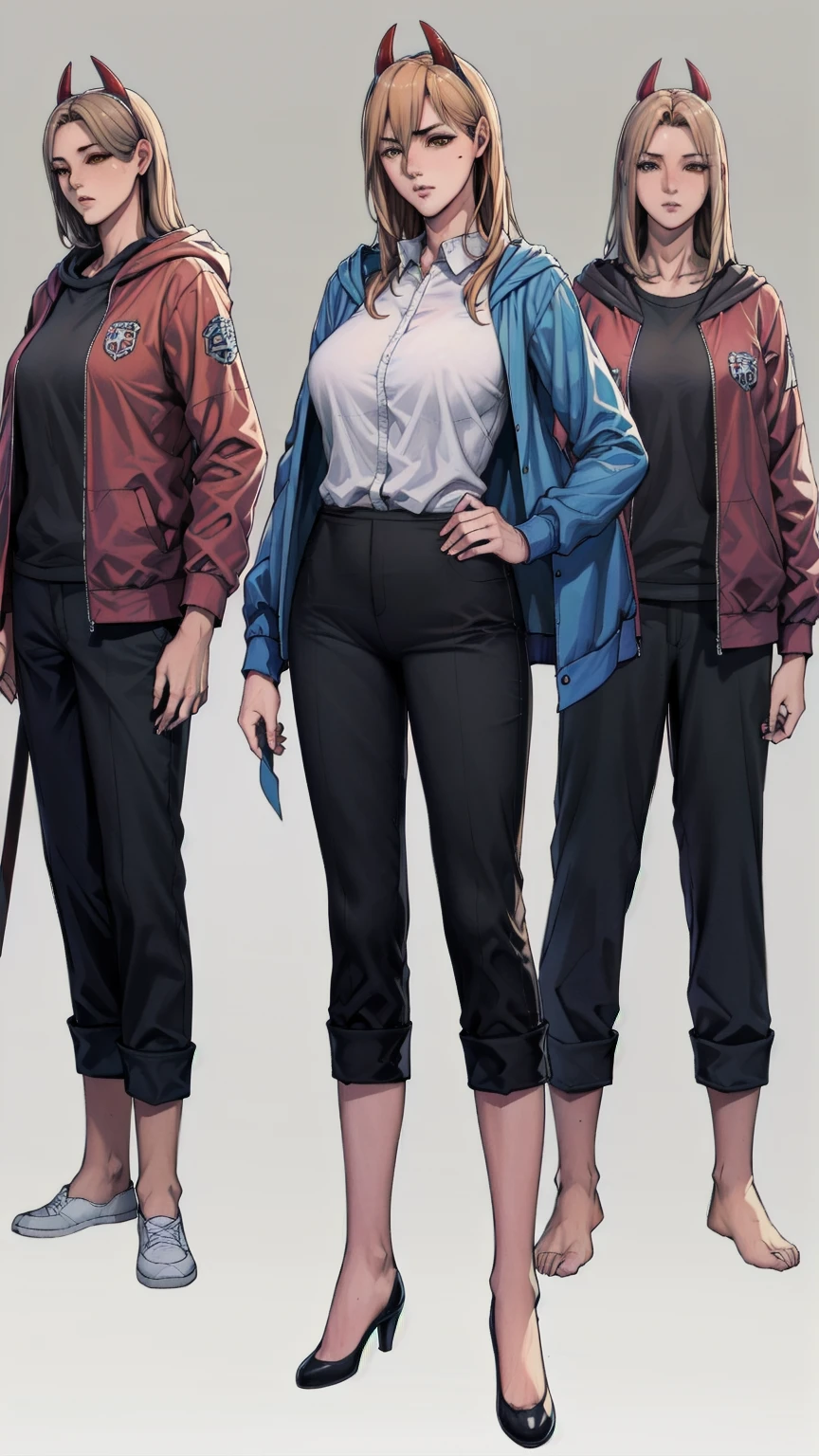 (full-body shot:1.5), permanent, Photo Studio, White background, Upright posture,Ultra-realistic 8k CG, masterpiece, (Very detailed, Fine details), best quality, 1 Girl, (Reality:1.4),Beautiful Lights, absurd, RAW photos, Film Grain, csm anime style, 1 Girl, trumpet, Solitary, teeth, Long hair, demon trumpet, Yellow eyes, hood, Blonde hair, Anime Coloring, red trumpet, jacket, black Pants, strength (Chainsaw Man:1.10), Cross-shaped pupil, trumpet, White shirt, Pants, Collared shirt, Black tie, blue jacket, very beautiful,Kawaii, Long legs, slim, Large Breasts,Stare,slim的女孩模特, slim的女孩模特,