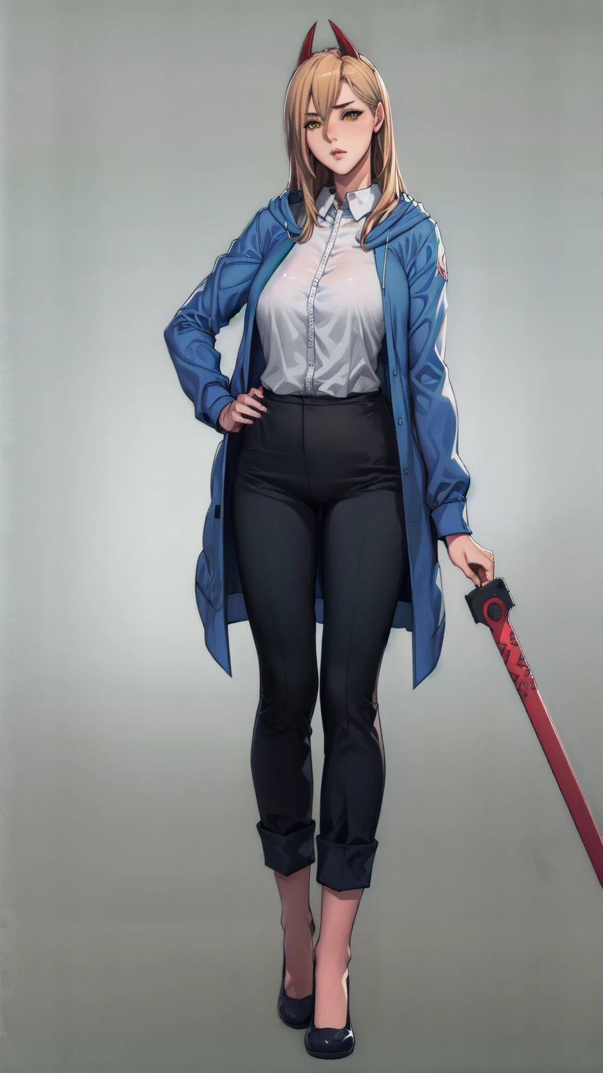 (full-body shot:1.5), permanent, Photo Studio, White background, Upright posture,Ultra-realistic 8k CG, masterpiece, (Very detailed, Fine details), best quality, 1 Girl, (Reality:1.4),Beautiful Lights, absurd, RAW photos, Film Grain, csm anime style, 1 Girl, trumpet, Solitary, teeth, Long hair, demon trumpet, Yellow eyes, hood, Blonde hair, Anime Coloring, red trumpet, jacket, black Pants, strength (Chainsaw Man:1.10), Cross-shaped pupil, trumpet, White shirt, Pants, Collared shirt, Black tie, blue jacket, very beautiful,Kawaii, Long legs, slim, Large Breasts,Stare,slim的女孩模特, slim的女孩模特,