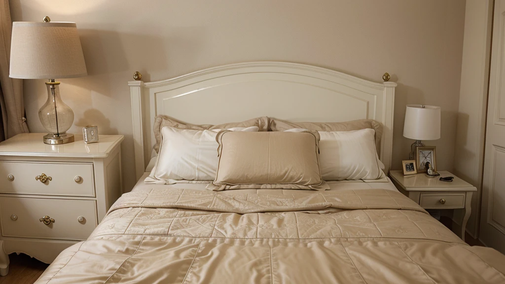 Close-up of bedside cabinet near bed with beige bedding. French country interior design of modern bedroom