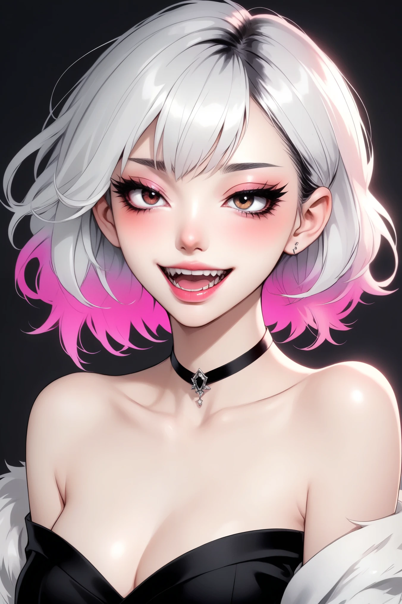 (best quality, sketch:1.2),Practical,ilustrador,shrew,Japanese cartoons,1 girl, Delicate lips, ,Fangs,hand,hairy,Off-shoulder, Black and white gradient background,Neon hair,Texture cropping, masterpiece, The style is vintage, Deep Black