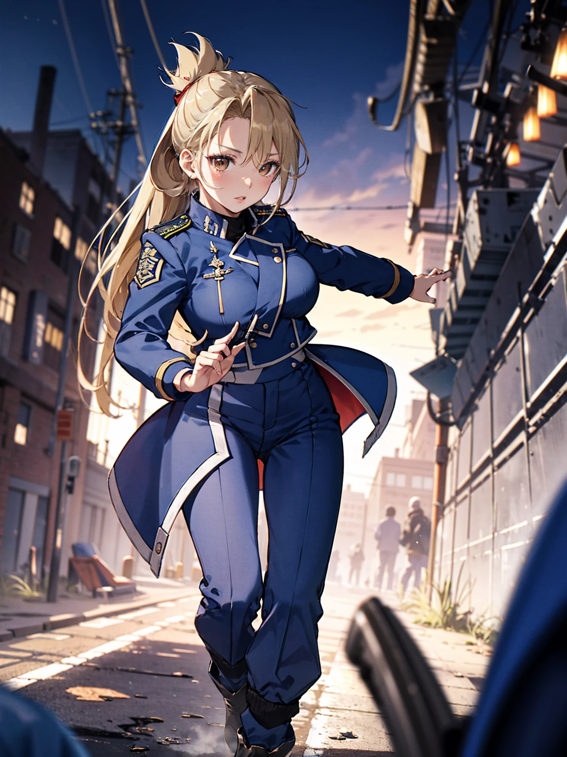 masterpiece, Highest quality, High resolution, One girl, (Crouch down and aim your handgun), Folded ponytail, Brown eyes, , (uniform, Blue jacket, Blue pants), ,Big Breasts, 
