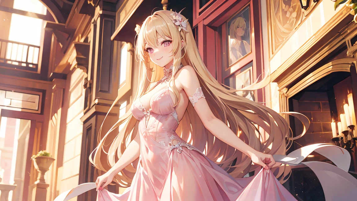 adult woman, pink eyes, long blonde hair, smile, sexy dress