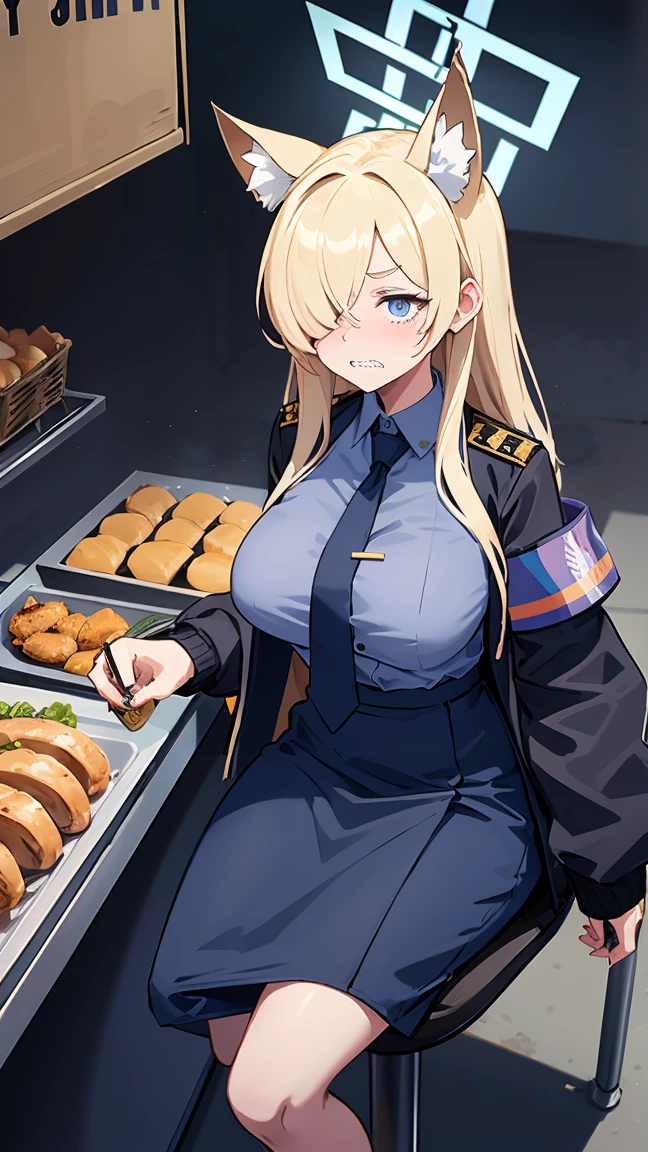 Kanna Ogata（Blue Archive）,Blonde long hair,Grey gap,Wolf Ears,One eye is covered by hair,（（（Large Breasts）））,Circle of angels overhead,Jagged teeth,Embarrassed,masterpiece,8K,Dark blue shirt,Black jacket,Navy blue tie,Armband,Street food stalls,Sitting in a chair