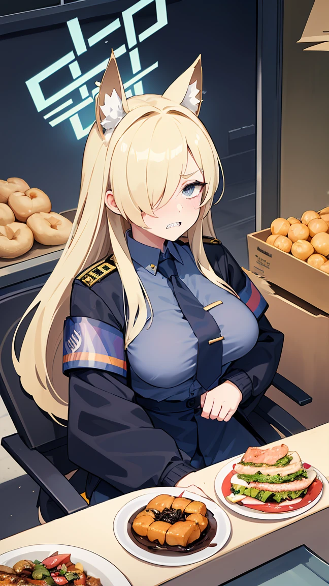 Kanna Ogata（Blue Archive）,Blonde long hair,Grey gap,Wolf Ears,One eye is covered by hair,（（（Large Breasts）））,Circle of angels overhead,Jagged teeth,Embarrassed,masterpiece,8K,Dark blue shirt,Black jacket,Navy blue tie,Armband,Street food stalls,Sitting in a chair