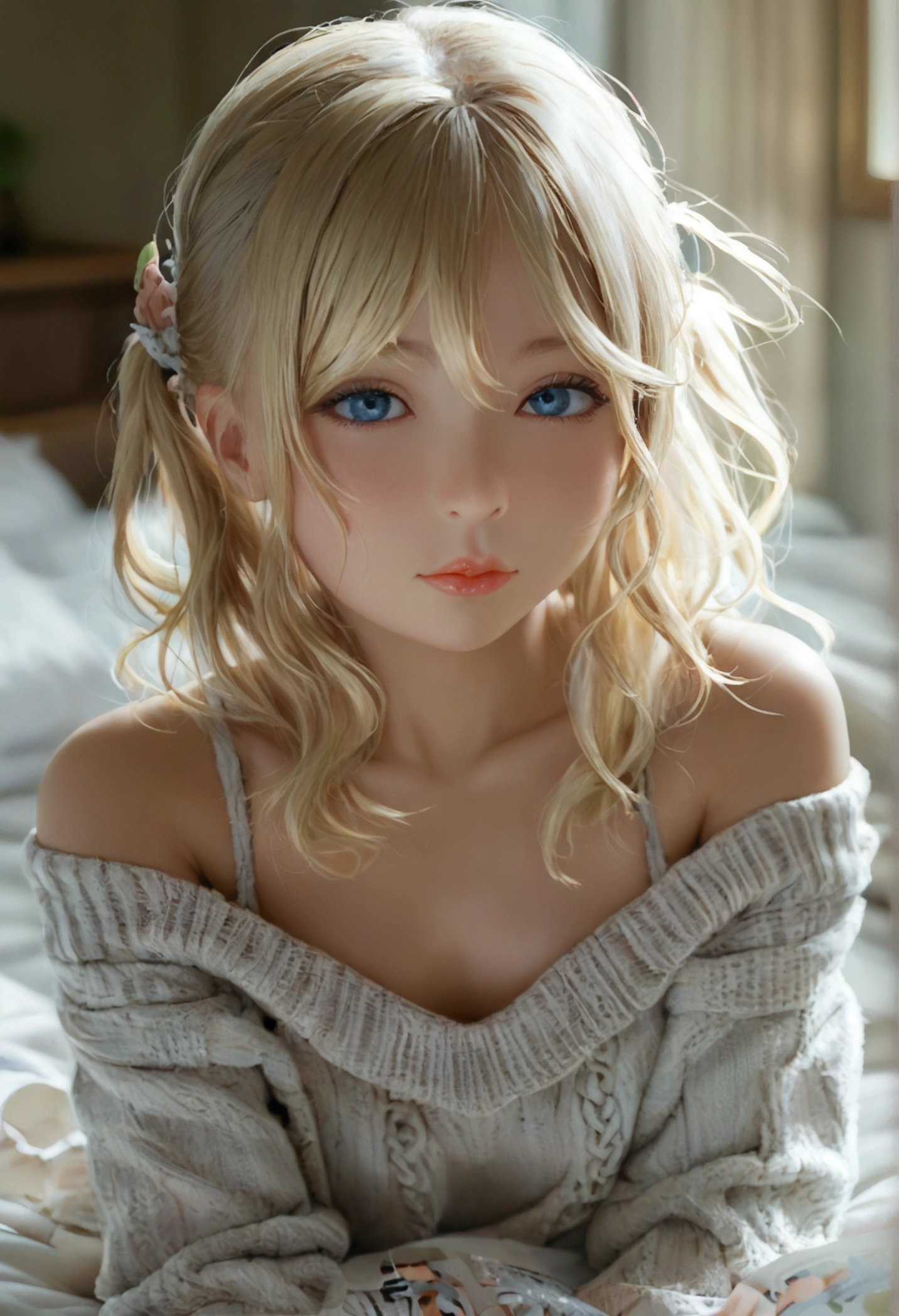 ( Magazine cover:1.2), 1 blonde twintails ****，beautiful eyes(穿off-shoulder sweater),(Downturned mouth, indicating disappointment),E7E48U，Lying in bed, Small Breasts