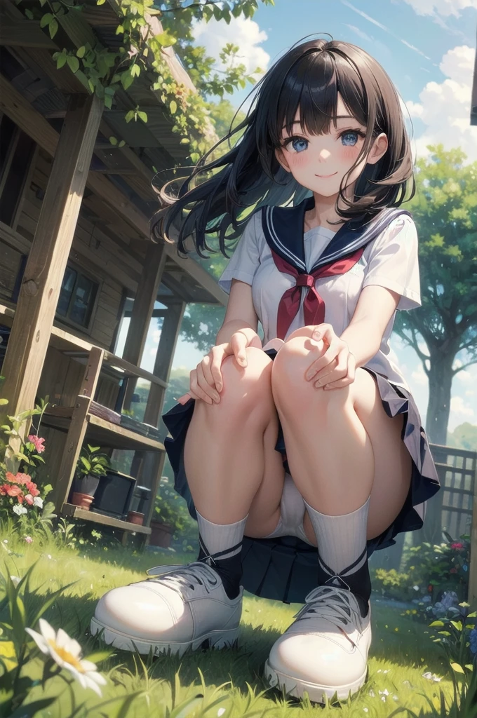 very cute and beautiful girl,(Very exquisite beautiful face and eyes:1.2),
(smile:1.15),blush,Black Hair,Sailor ,(Navy blue pleated mini skirt),
(From below),squat,White panties,
garden,grassland,Planting,
(Highest quality,masterpiece:1.2),Absurd,High resolution,Super detailed,Very detailed,32k,8K resolution,
Intricate details,Movie Scenes,Detailed Background,alone,Dynamic Angle,