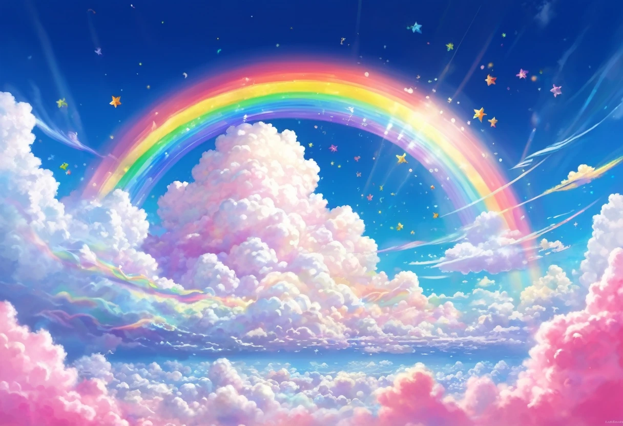 Clouds and sky with rainbows and stars, Concept Art:Marshal Okuda, tumbler, magical realism, Rainbow Cloud, Fantasy fluffy sky, Rainbow Clouds, Rainbow Background, The background is like heaven, Soft Rainbow, So magical and dreamy, Bright rainbow halo, Magic Background, Fluffy pink cartoon cloud, Background Art, Dreamy Clouds, Dreamy sky
