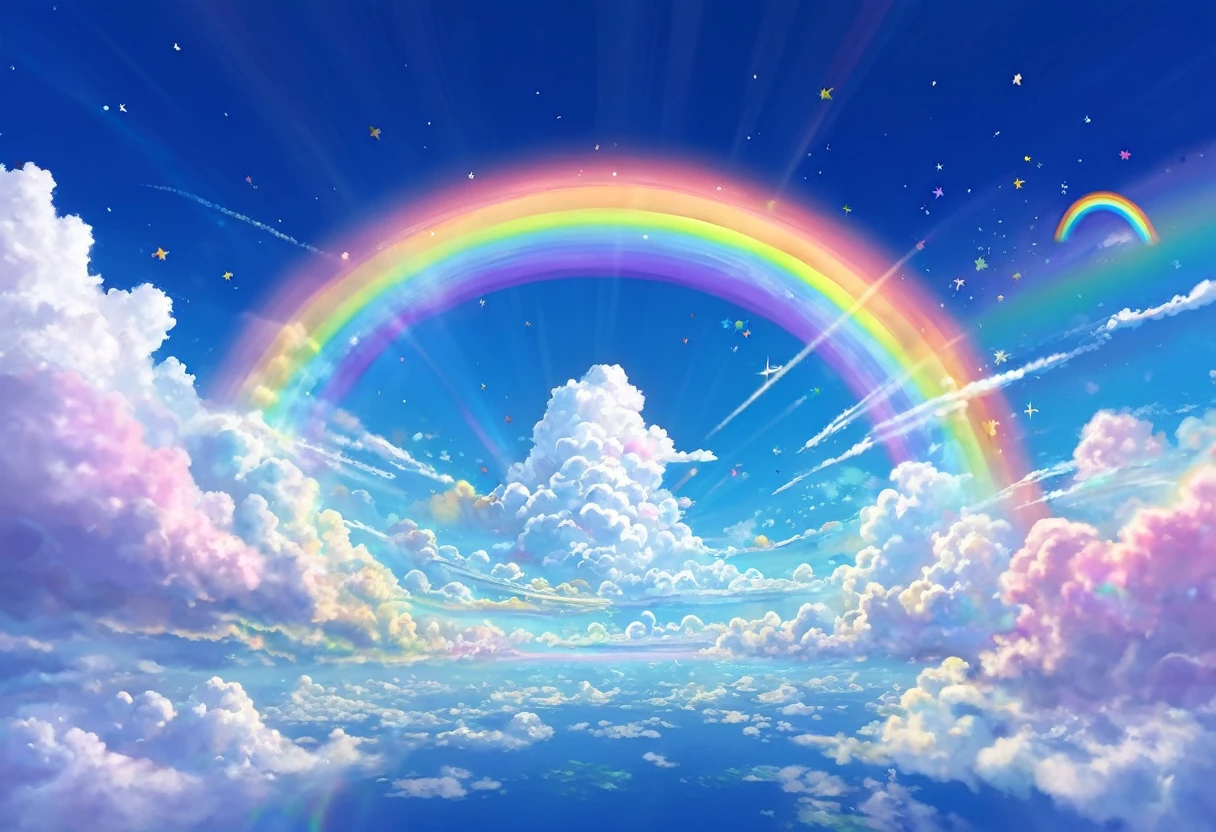 Clouds and sky with rainbows and stars, Concept Art:Marshal Okuda, tumbler, magical realism, Rainbow Cloud, Fantasy fluffy sky, Rainbow Clouds, Rainbow Background, The background is like heaven, Soft Rainbow, So magical and dreamy, Bright rainbow halo, Magic Background, Fluffy pink cartoon cloud, Background Art, Dreamy Clouds, Dreamy sky