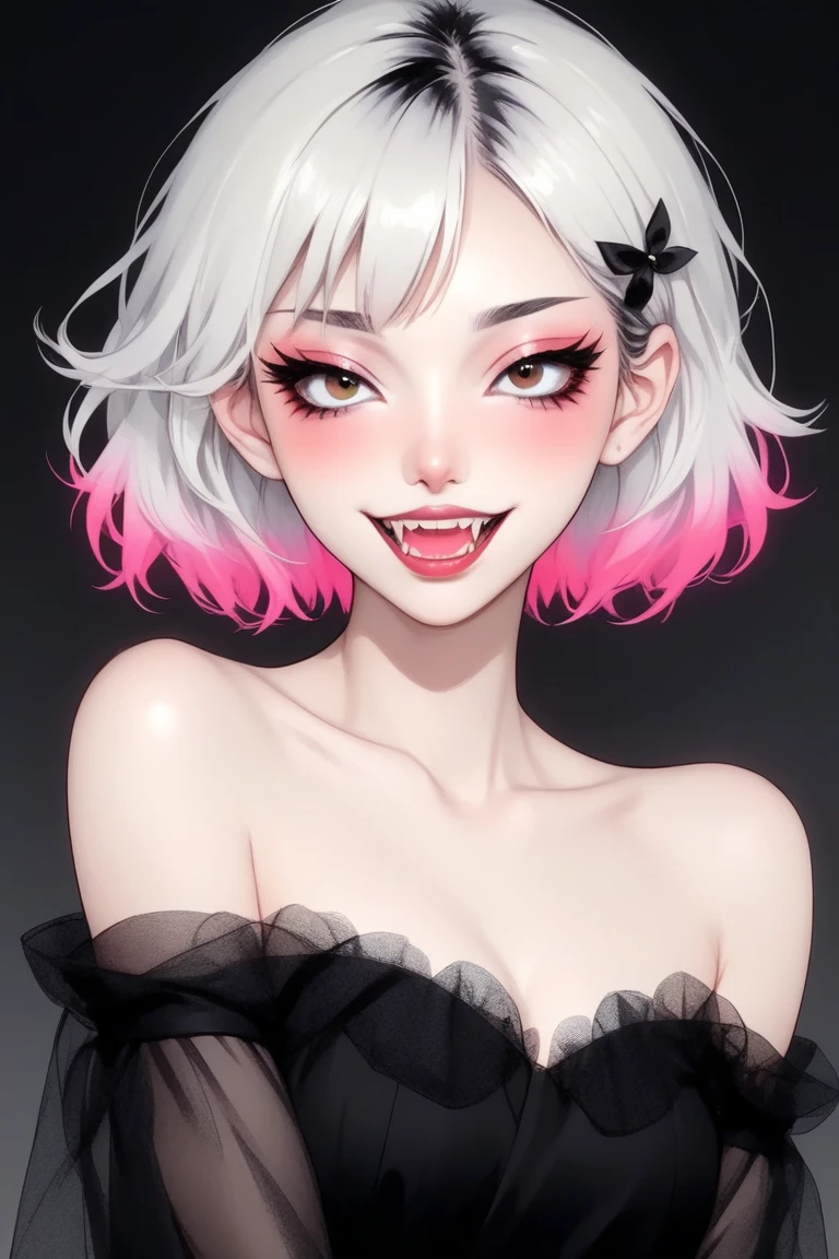 (best quality, sketch:1.2),Practical,ilustrador,shrew,Japanese cartoons,1 girl, Delicate lips, ,Fangs,hand,hairy,Off-shoulder, Black and white gradient background,Neon hair,Texture cropping, masterpiece, The style is vintage, Deep Black