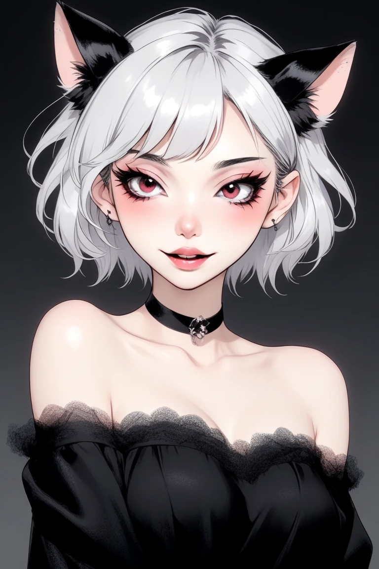 (best quality, sketch:1.2),Practical,ilustrador,shrew,Japanese cartoons,1 girl, Delicate lips, ,Fangs,hand,hairy,Off-shoulder, Black and white gradient background,Neon hair,Texture cropping, masterpiece, The style is vintage, Deep Black