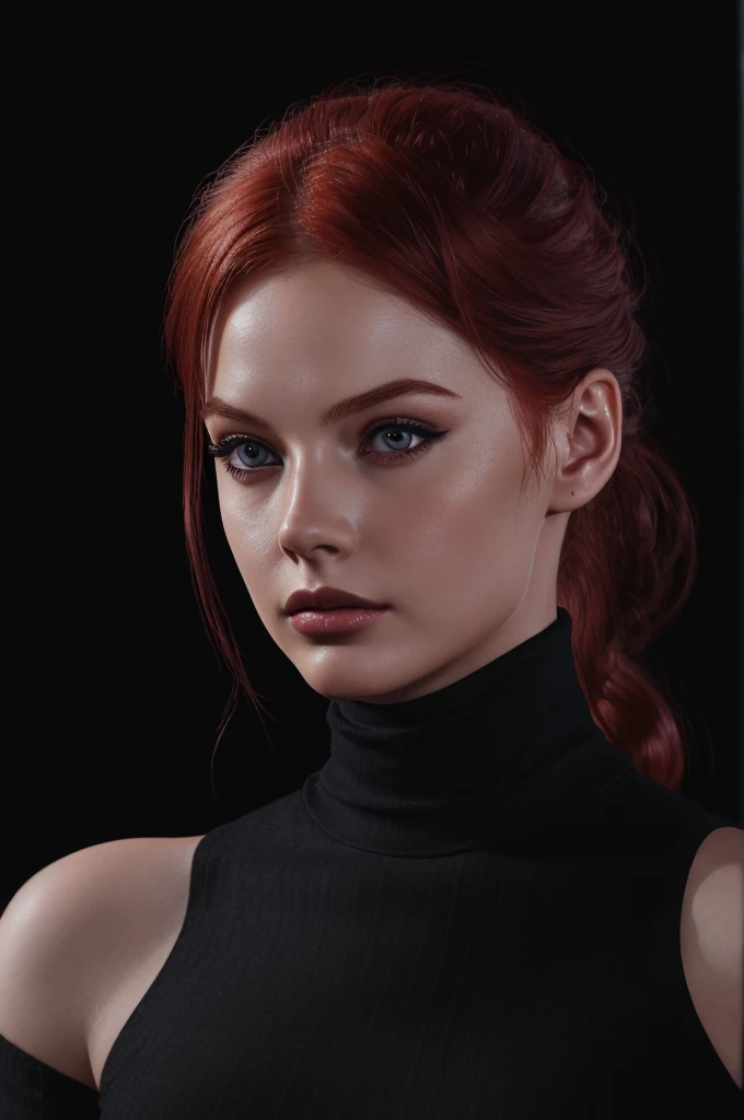 woman with medium-ponytail ,Auburn-red-hair, hairy ponytail, pale, wearing black turtleneck. eyeliner,portrait, beautiful woman, beautiful female ,beautiful ,eyeliner , elegant, digital painting, smooth, dramatic lighting, ultra realistic, 8k, art , blur backgrond, black background ,black background,black wallpaper,wearing black turtleneck.